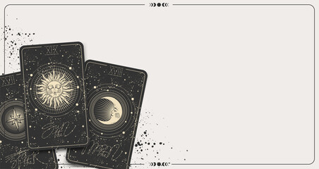 Banner with tarot cards and copy space, place for text, mockup for fortune telling, astrology, zodiac. The Sun, the moon, the star, deck of cards on the table, top view. Vector illustration. - obrazy, fototapety, plakaty