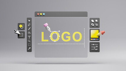 Graphic designer creative creator design logo artwork curve pen tool illustration equipment icons digital computer display workspace. Graphic design software. 3d rendering.
