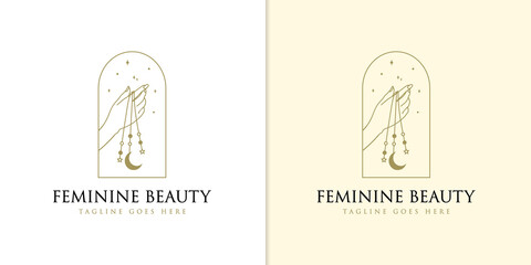 feminine Beauty boho logo collection with magical hand, nails, rose, crystal, moon, sun, star Vector illustration for icon, logo, sticker, printable and tattoo