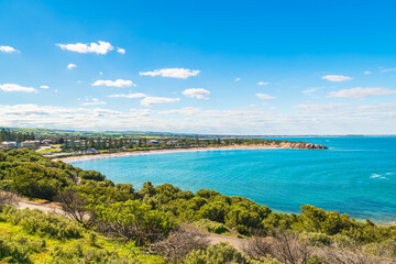 Port Elliot with picturesque coastline of the Horseshoe Bayviewed from the Freeman Nob lookout on a bright day, Fleurieu Peninsula, South Australia