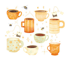 Watercolor hand drawn cute vintage tea coffee, milk set with illustration of vintage ceramic cup, mug, bumblebee, tea bag, doodle elements isolated on white background. Magic breakfast.
