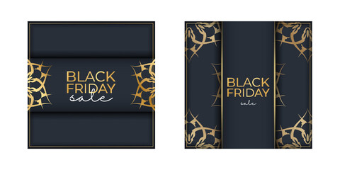 Black friday banner template in dark blue color with vintage gold ornament
