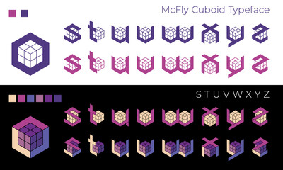 Decorative futuristic pseudo 3D font ‘McFly Cuboid’, letters S, T, U, V, W, X, Y, Z. Usable for extraordinary Logo, poster design, t-shirt print, music album cover, etc., vector, CMYK.