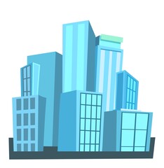 Fototapeta premium Big city from afar. Skyscrapers and large buildings. Cartoon flat style illustration. Blue city landscape Cityscape. Isolated on white background. Vector.