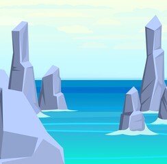 Dark rocks in the sea. Cliffs in the ocean water. Illustration of a seascape in a flat style. Vector.