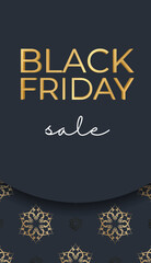 Dark blue black friday sale poster template with abstract gold ornament