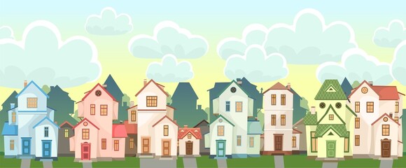 Obraz na płótnie Canvas Street. Cartoon houses with sky. Village or town. Seamless. A beautiful, cozy country house in a traditional European style. Nice funny home. Rural building. Vector