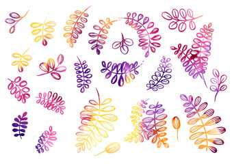 Fototapeta na wymiar Watercolor artistic multicolor Set of floral elements in the style of line art wedding theme on a white background. Doodle and scribble. Orange, yellow, violet, red and purple leafs for postcard and