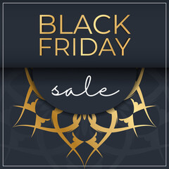 Fototapeta na wymiar Dark blue black friday sale poster with vintage gold pattern