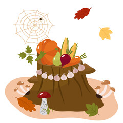 Autumn fruits and vegetables on a forest stump. Pumpkin, corn, apples, pears, mushrooms, garlic. Vector illustration for a postcard design or decor