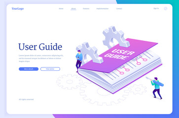 User guide isometric landing page, tiny people at huge manual book, guidance document with cogwheels, men use gadget and screwdriver. Instruction guidance booklet, tutorial help, 3d vector web banner - obrazy, fototapety, plakaty