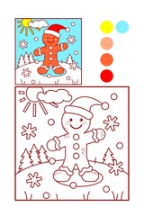 Coloring page with gingerbread man wearing santa cap

