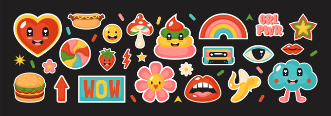 Cute comic stickers set. Cartoon characters design for banners, posters and cards © girafchik