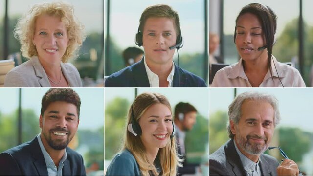 Confident business people in formal wear and casual clothing. Split screen collage of cheerful multiethnic men and women standing with crossed arms and smiling at camera. Emotion concept