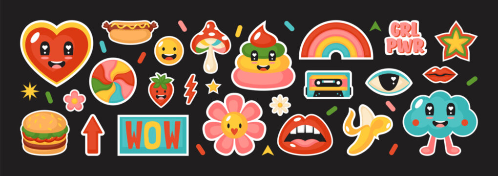 Cute comic stickers set. Cartoon characters design for banners, posters and cards