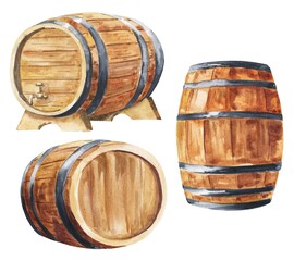 Watercolour wooden barrel set on white background. Watercolor illustration.