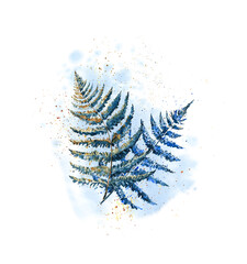 Watercolor fern composition of blue leaves on a blurry background. Ferns. Bracken. Floral bouquet. The paint has spread. Winter postcard. Hand drawn illustration