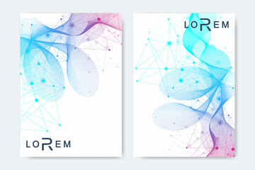 Scientific brochure design template. Vector flyer layout, Molecular structure with connected lines and dots. Scientific pattern atom DNA with elements for magazine, leaflet, cover, poster design.