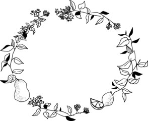 洋梨と柑橘フルーツと葉っぱの丸フレーム