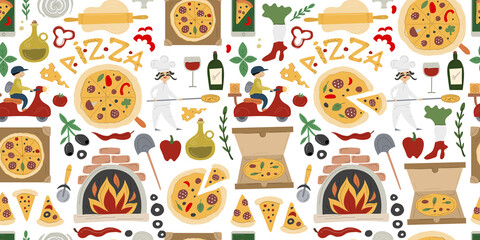 Pizzeria Seamless Pattern Background. Pizza Make and Delivery design elements