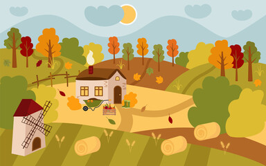 Vector landscape of an autumn village house. Cozy countryside, fields, meadows, hay, sun, clouds, garden wheelbarrow, harvesting, leaves are falling. Flat cartoon illustration.