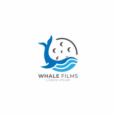 Fototapeta premium Abstract whale and film icon logo vector illustration. Cinema, film strip and whale icon logo design for Creative Movie Video Production