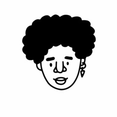 Doodle girl face. Hand-drawn outline human isolated on white background. Funny Avatar. Cartoon curly African American woman with earrings. Female portrait. Hairstyle, emotions. Vector illustration