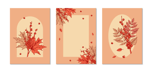 Set of autumn poster designs with red berries and maple leaves. Hand drawn vector illustration