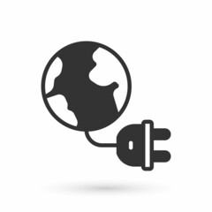 Grey Global energy power planet with plug icon isolated on white background. Ecology concept and environmental. Vector