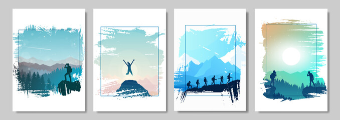 Collection set of illustrations. Climbing to the top. Travel concept of discovering, exploring, observing nature. Hiking tourism. Adventure. Minimalist graphic flyers. Polygonal flat design. 