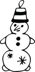 Christmas tree toy snowman. Christmas tree decoration, New Year souvenir, Christmas toy. Vector doodle snowman. Black scribbles on a white background