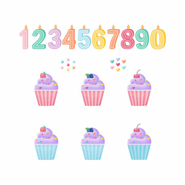 A cute set for designing cupcakes with candles, numbers and decor and blueberries, cherries and strawberries. Vector set of elements on a white background