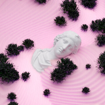 Bust Lying In The Desert With Dunes And Dry Plants. Vaporwave Concept. Digital Music Album Cover