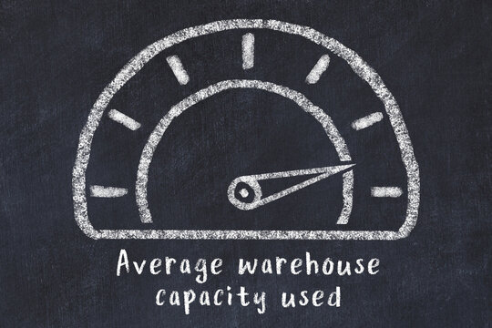 Chalk sketch of speedometer with high value and iscription Average warehouse capacity used. Concept of hight KPI