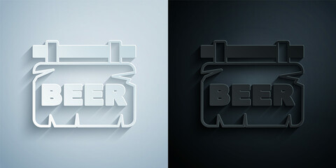 Paper cut Street signboard with inscription Beer icon isolated on grey and black background. Suitable for advertisements bar, cafe, pub, restaurant. Paper art style. Vector