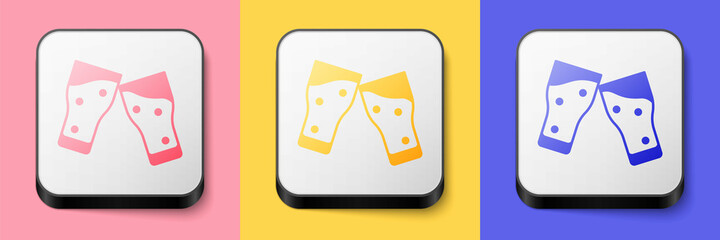 Isometric Glass of beer icon isolated on pink, yellow and blue background. Square button. Vector