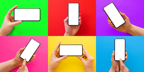 Set of photos with mobile phone in hand on different bright colored background