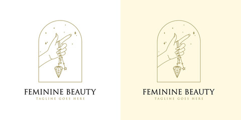 feminine Beauty boho logo collection with magical hand, nails, rose, crystal, moon, sun, star Vector illustration for icon, logo, sticker, printable and tattoo vector illustration
