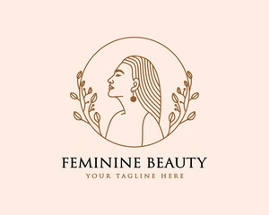 Hand drawn feminine woman beauty minimal face and floral botanical logo template for makeup spa salon skin & hair care line art portrait vector printable illustration design