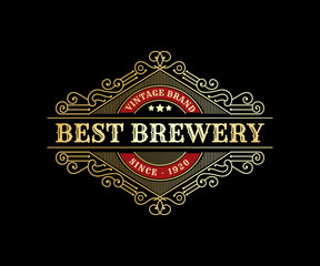 Fototapeta premium Vintage luxury royal frame labels with typography logo for beer whiskey alcohol drinks bottle box label packaging Engraving vector illustration design template
