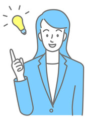 Upper body of a young woman in a suit coming up with an idea (colored)