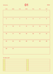 January 2022 calendar template illustration with colorful cute design. Note, scheduler, diary, calendar, memo, planner document template illustration.