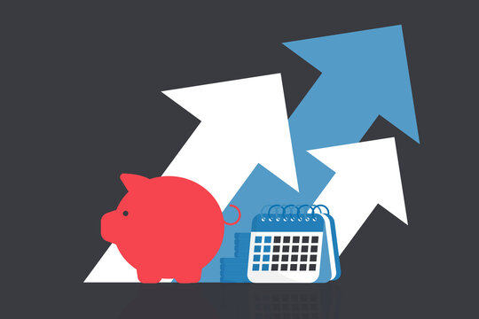 Piggy bank icon, coins, calendar and growth arrow graph and bars. Saving, investment in future or save money or open a bank deposit concept. Flat style objects. Copy space. Vector illustration.
