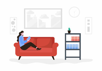 Relax at Home Vector Flat Illustration with People Sitting on the Sofa, Listening To Music, Playing Smartphone or Computer, Drinking Tea, Reading a Book, and Sleeping