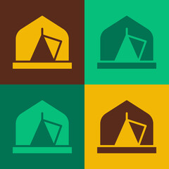 Pop art Tourist tent icon isolated on color background. Camping symbol. Vector