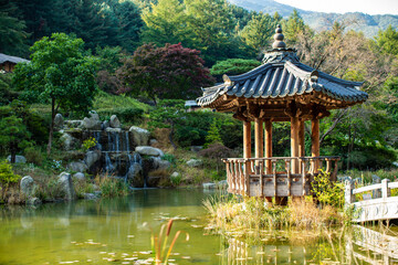 Fototapeta premium Korean traditional gazebo and pond
