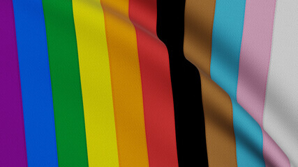 Progress Pride flag with rainbow stripes, black and brown stripes, and trans colors, waving in the wind