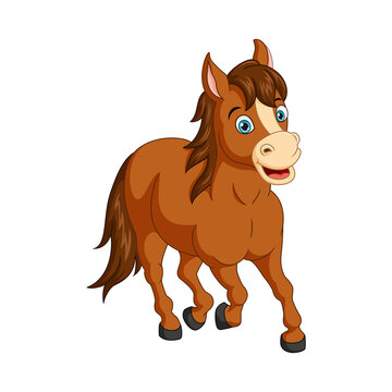 Cartoon funny horse running on white background
