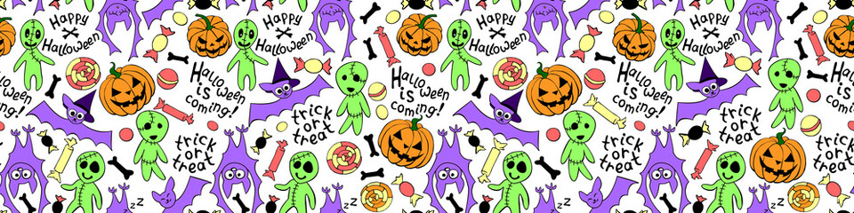 Happy Halloween-seamless pattern with set of icons-pumpkin, Jack lantern, zombie, bat, candy. Colorful holiday texture