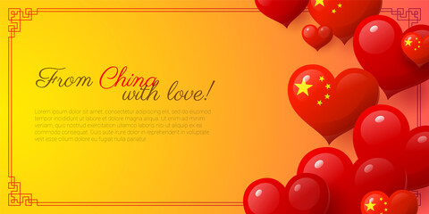 From China with Love greeting card with space for text. National Day of the People yellow postcard, flyer, banner with red glossy 3d hearts realistic vector illustration